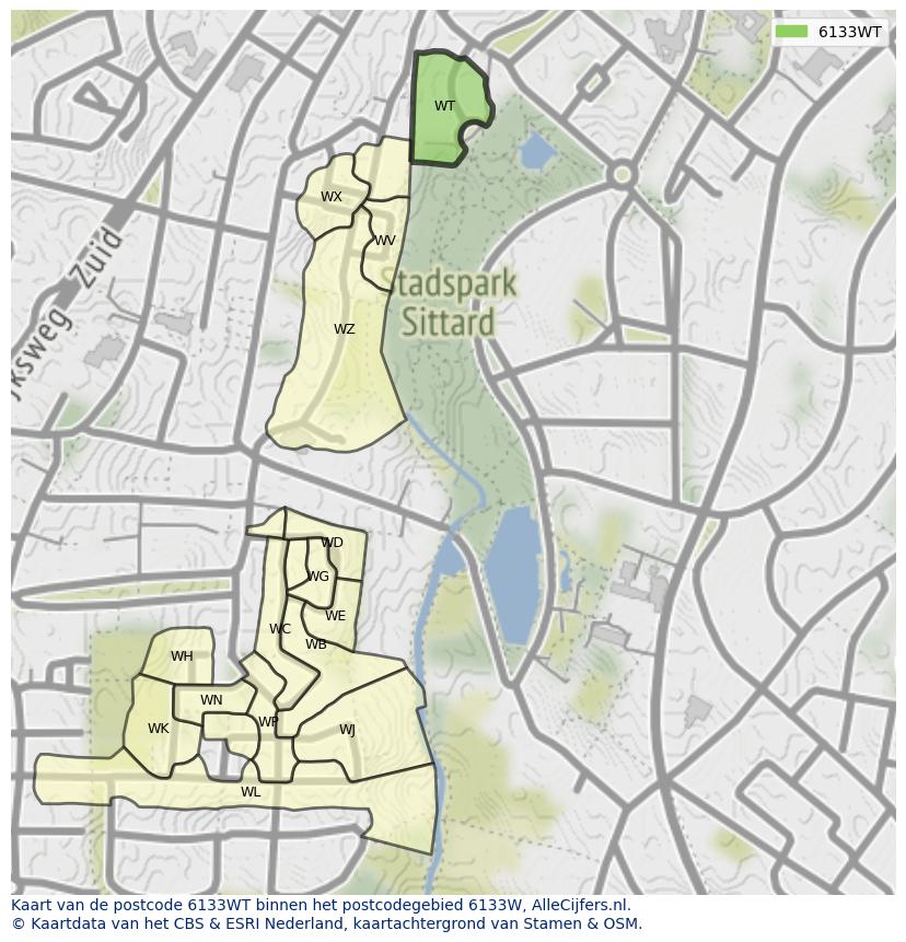 Afbeelding van het postcodegebied 6133 WT op de kaart.