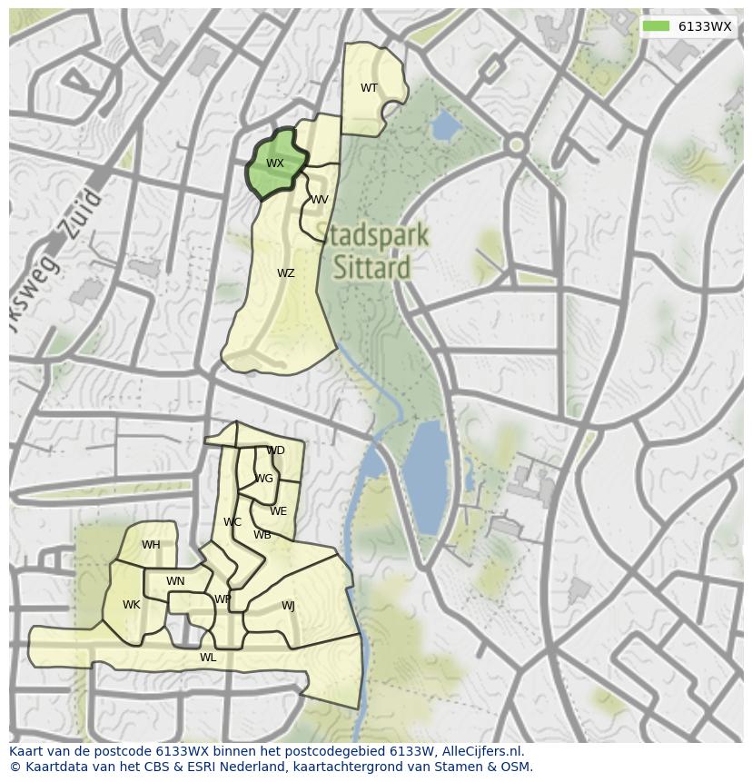Afbeelding van het postcodegebied 6133 WX op de kaart.