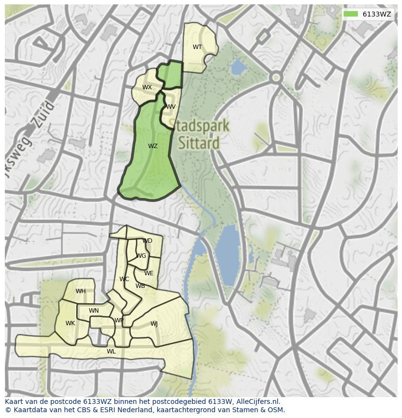 Afbeelding van het postcodegebied 6133 WZ op de kaart.