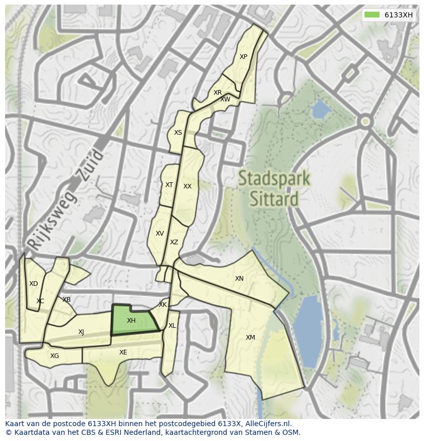 Afbeelding van het postcodegebied 6133 XH op de kaart.