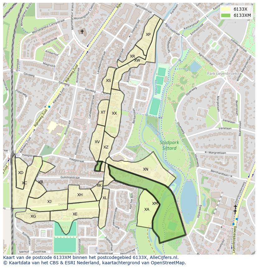 Afbeelding van het postcodegebied 6133 XM op de kaart.