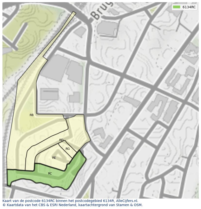 Afbeelding van het postcodegebied 6134 RC op de kaart.