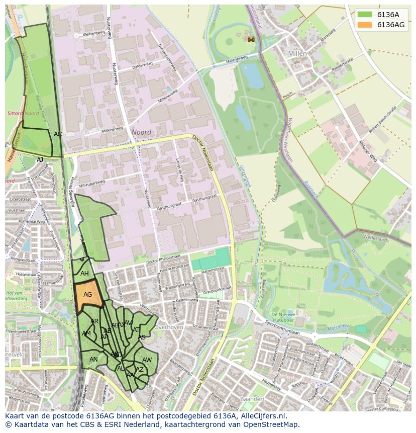 Afbeelding van het postcodegebied 6136 AG op de kaart.