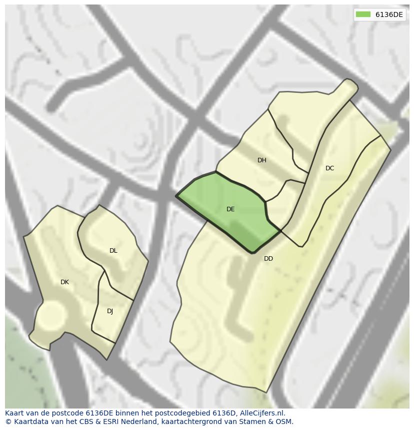 Afbeelding van het postcodegebied 6136 DE op de kaart.