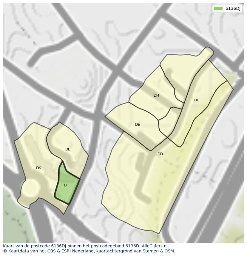 Afbeelding van het postcodegebied 6136 DJ op de kaart.