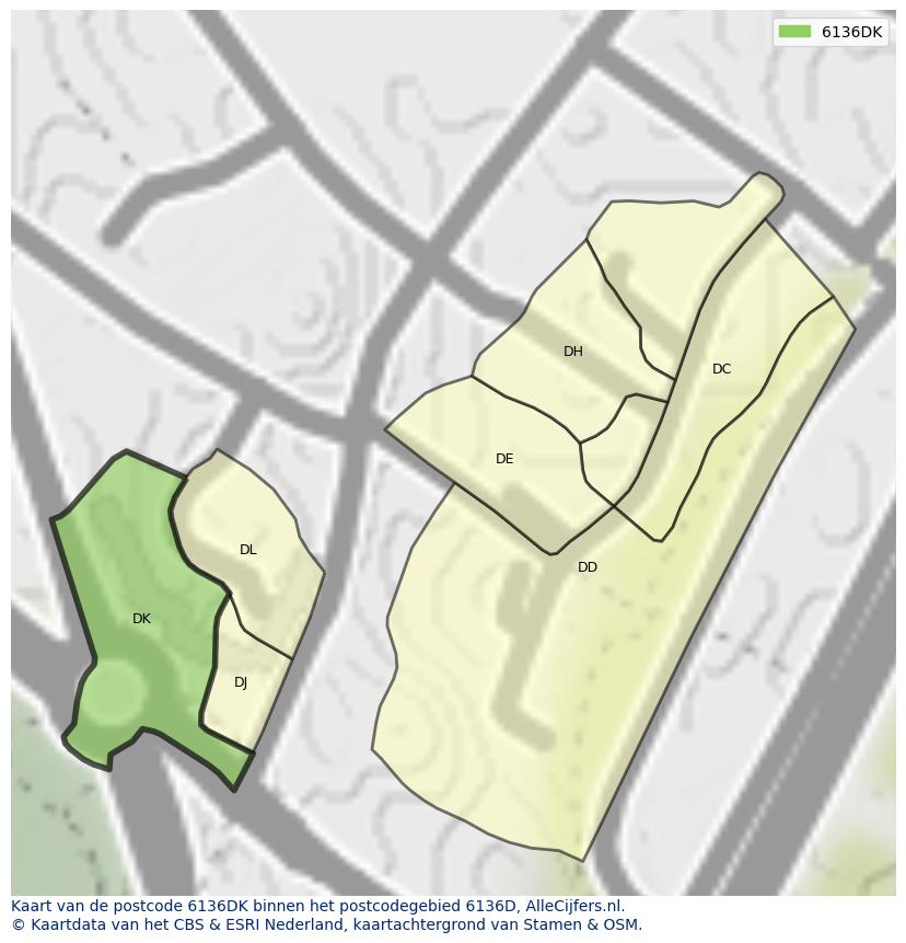 Afbeelding van het postcodegebied 6136 DK op de kaart.
