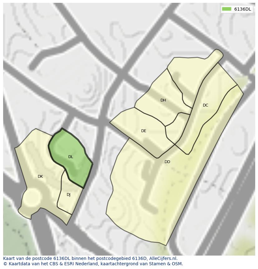 Afbeelding van het postcodegebied 6136 DL op de kaart.