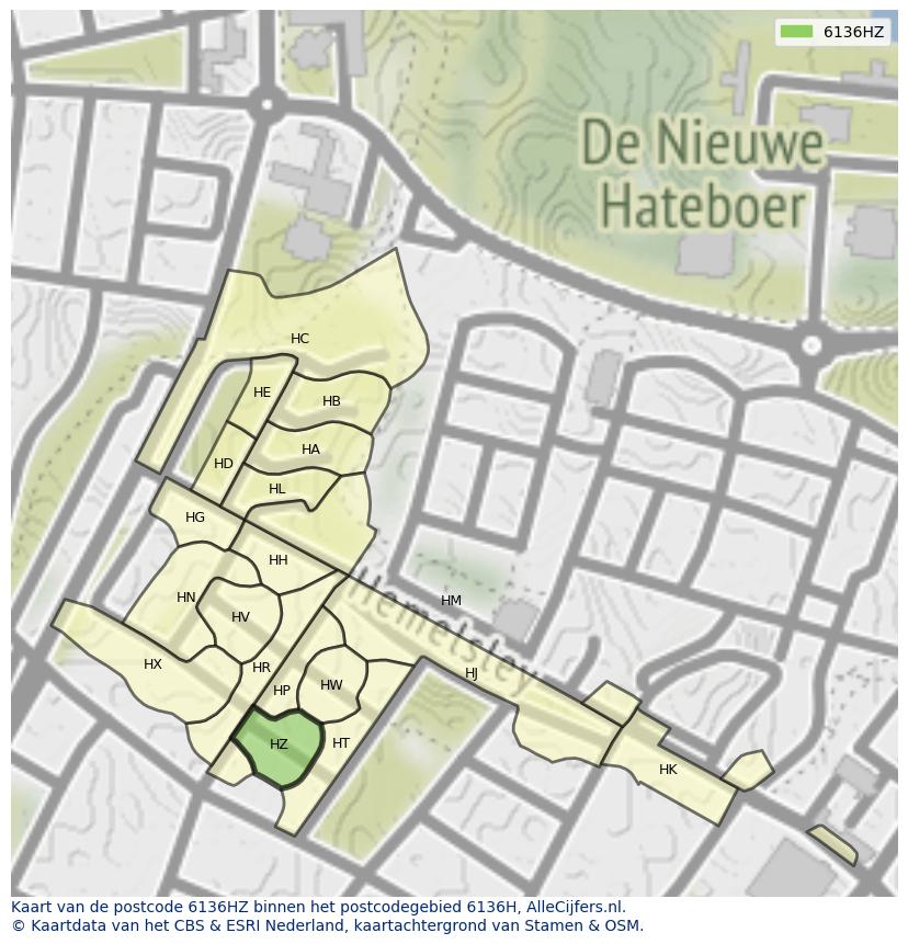 Afbeelding van het postcodegebied 6136 HZ op de kaart.