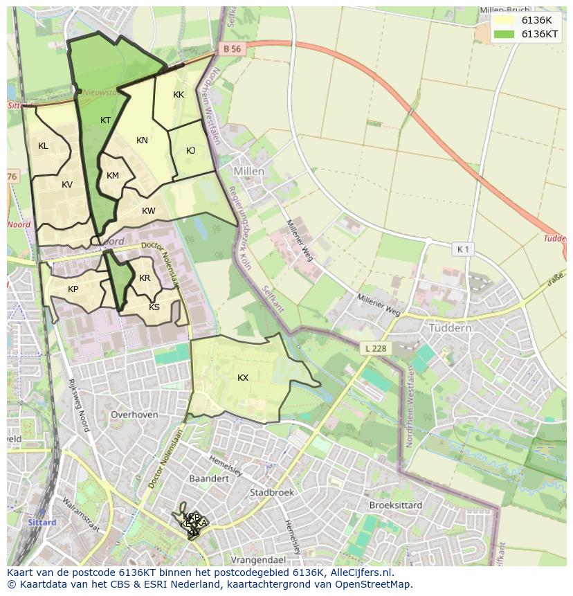 Afbeelding van het postcodegebied 6136 KT op de kaart.