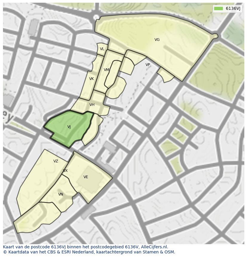 Afbeelding van het postcodegebied 6136 VJ op de kaart.