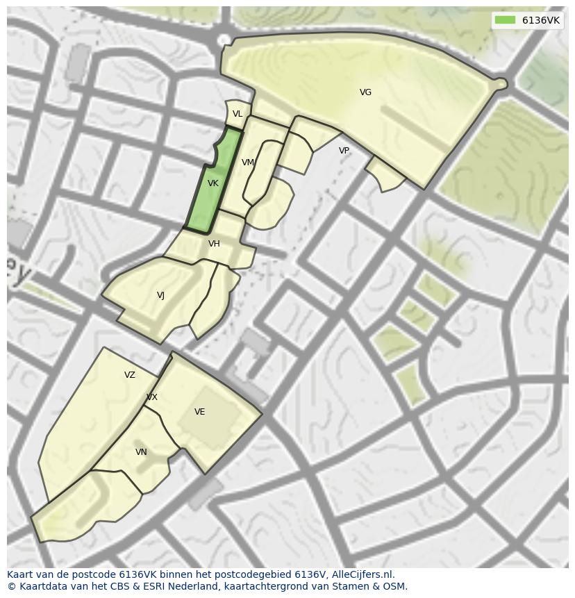 Afbeelding van het postcodegebied 6136 VK op de kaart.