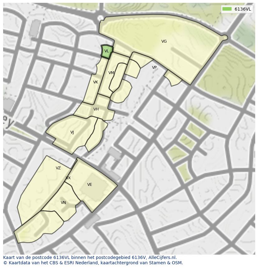 Afbeelding van het postcodegebied 6136 VL op de kaart.