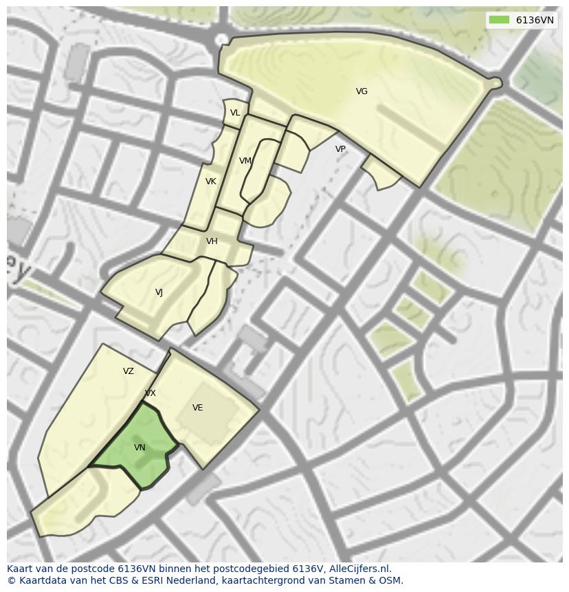 Afbeelding van het postcodegebied 6136 VN op de kaart.