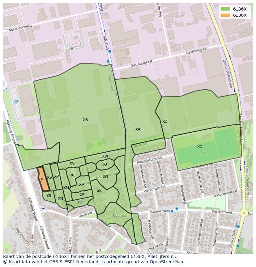Afbeelding van het postcodegebied 6136 XT op de kaart.
