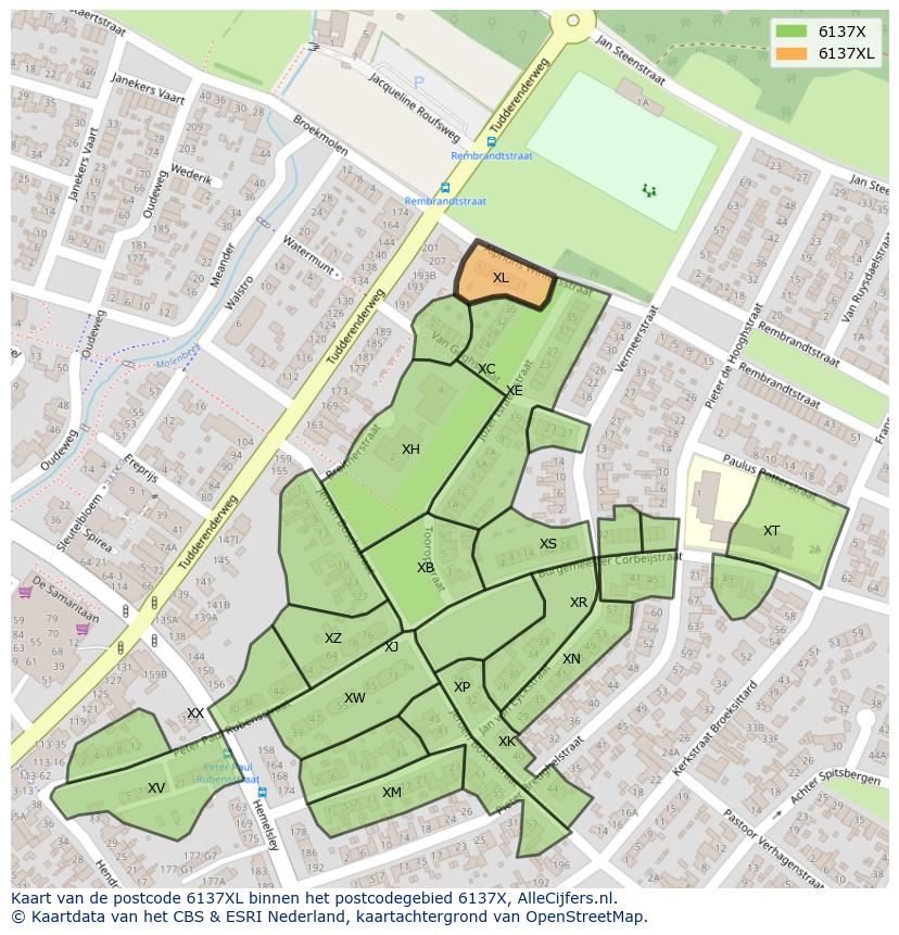 Afbeelding van het postcodegebied 6137 XL op de kaart.