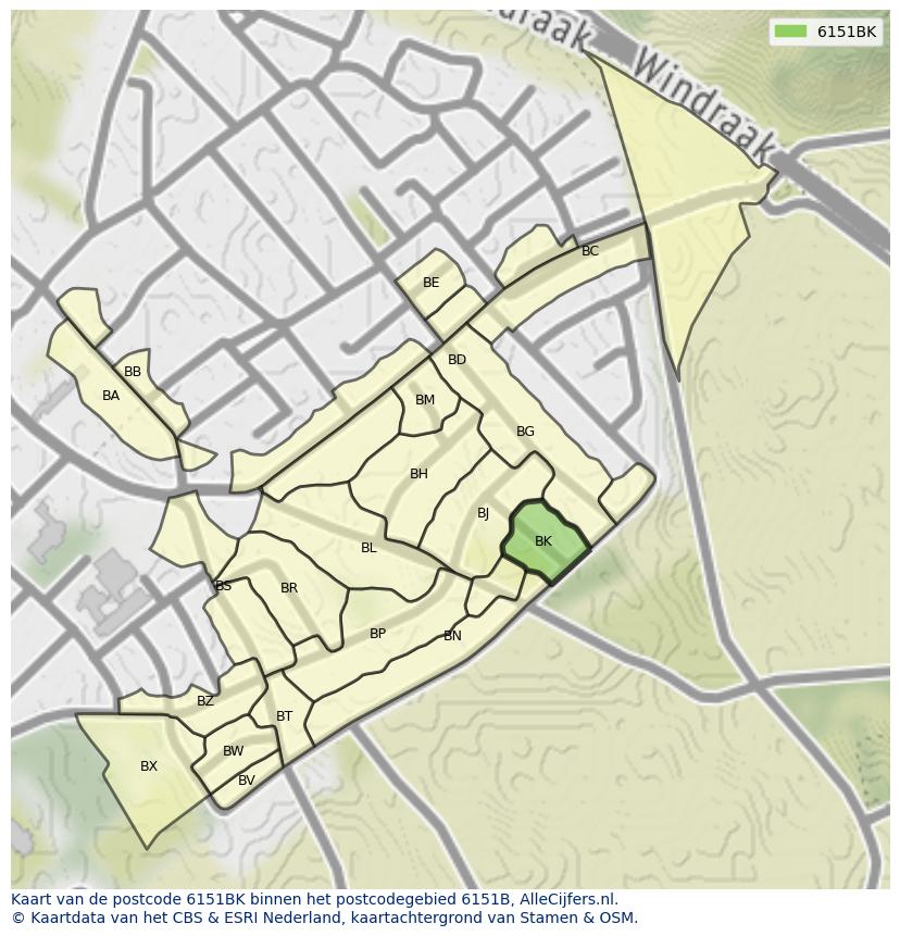 Afbeelding van het postcodegebied 6151 BK op de kaart.