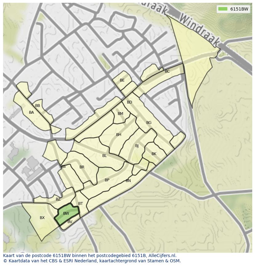 Afbeelding van het postcodegebied 6151 BW op de kaart.