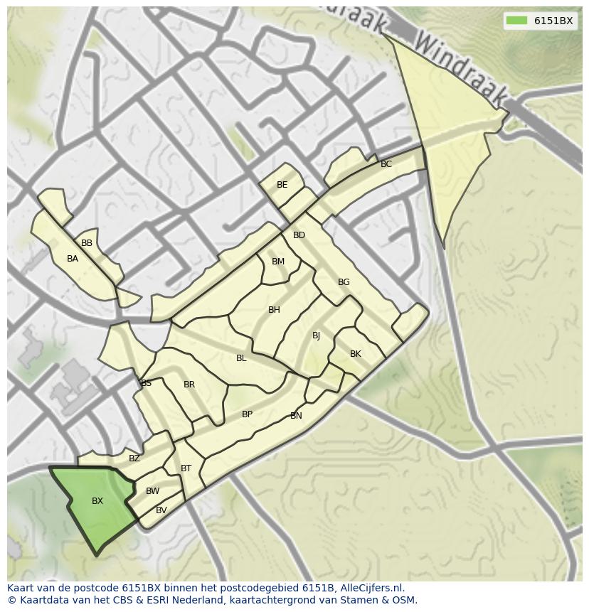Afbeelding van het postcodegebied 6151 BX op de kaart.