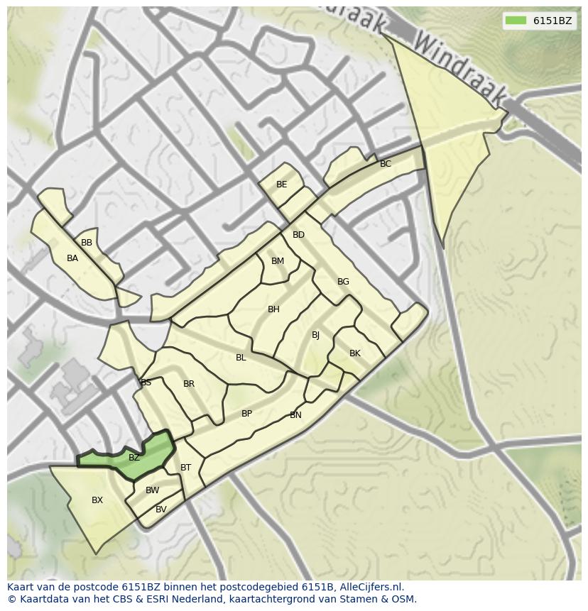 Afbeelding van het postcodegebied 6151 BZ op de kaart.