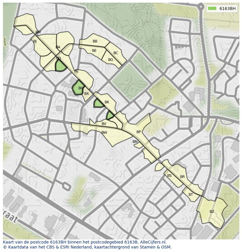 Afbeelding van het postcodegebied 6163 BH op de kaart.