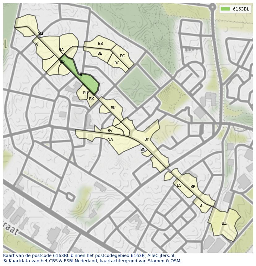 Afbeelding van het postcodegebied 6163 BL op de kaart.