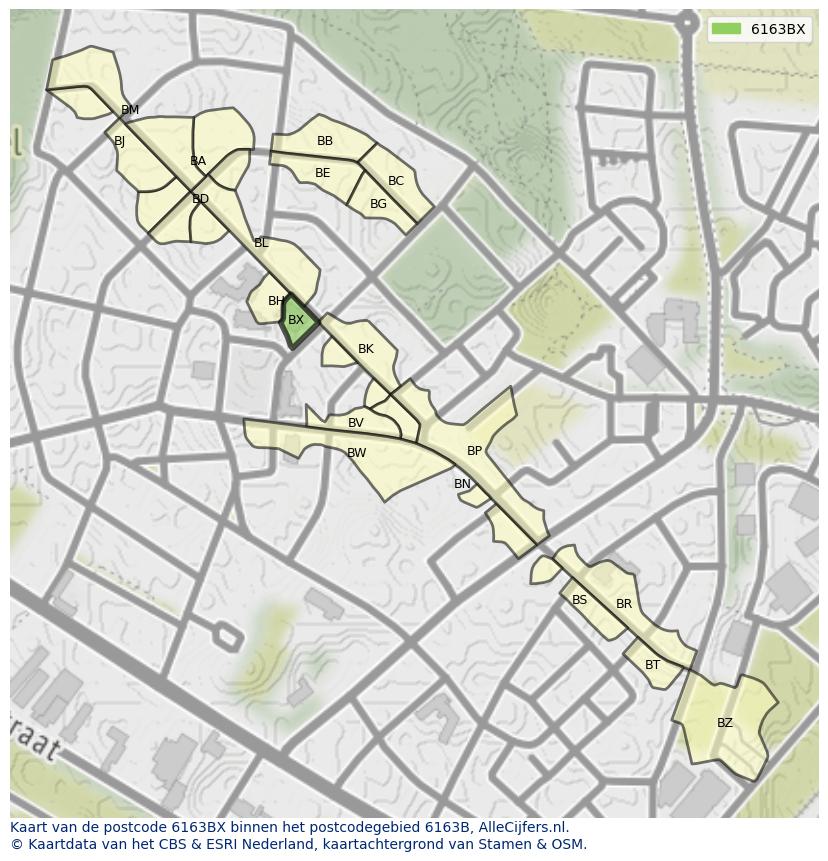 Afbeelding van het postcodegebied 6163 BX op de kaart.