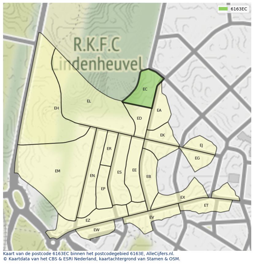 Afbeelding van het postcodegebied 6163 EC op de kaart.