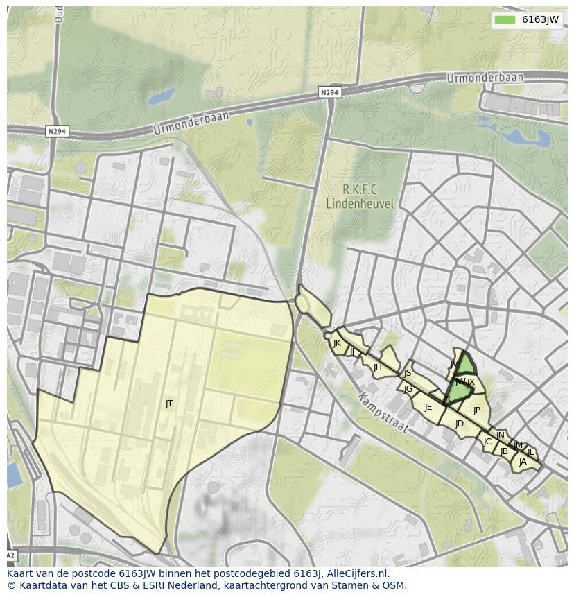 Afbeelding van het postcodegebied 6163 JW op de kaart.