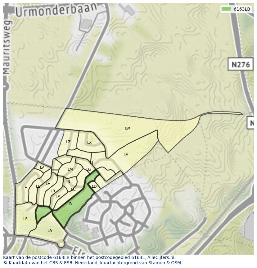 Afbeelding van het postcodegebied 6163 LB op de kaart.