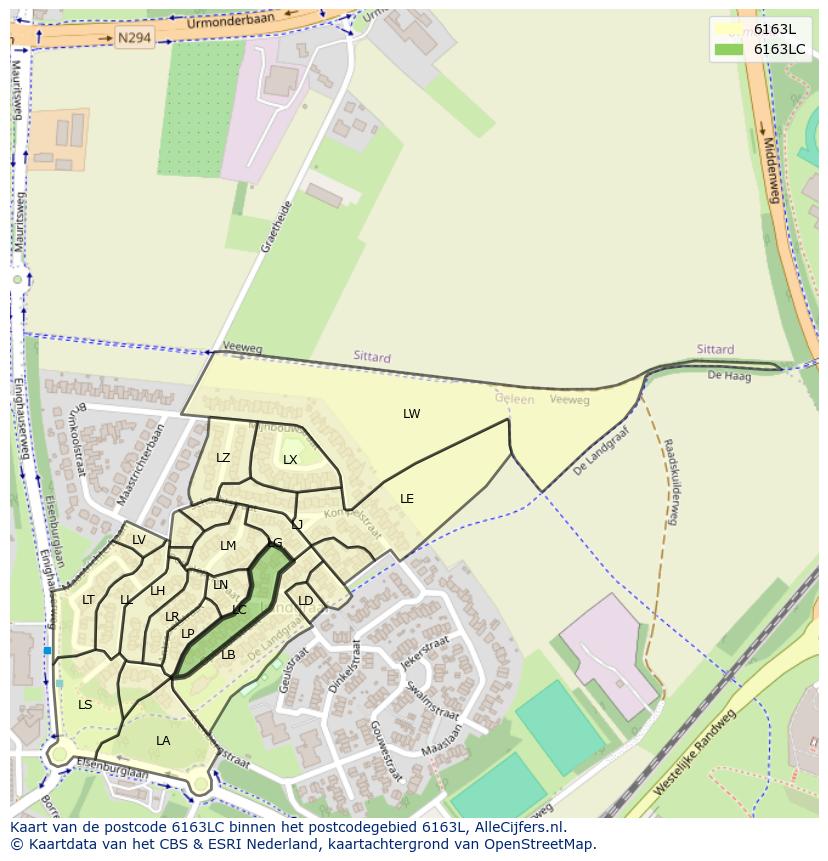Afbeelding van het postcodegebied 6163 LC op de kaart.