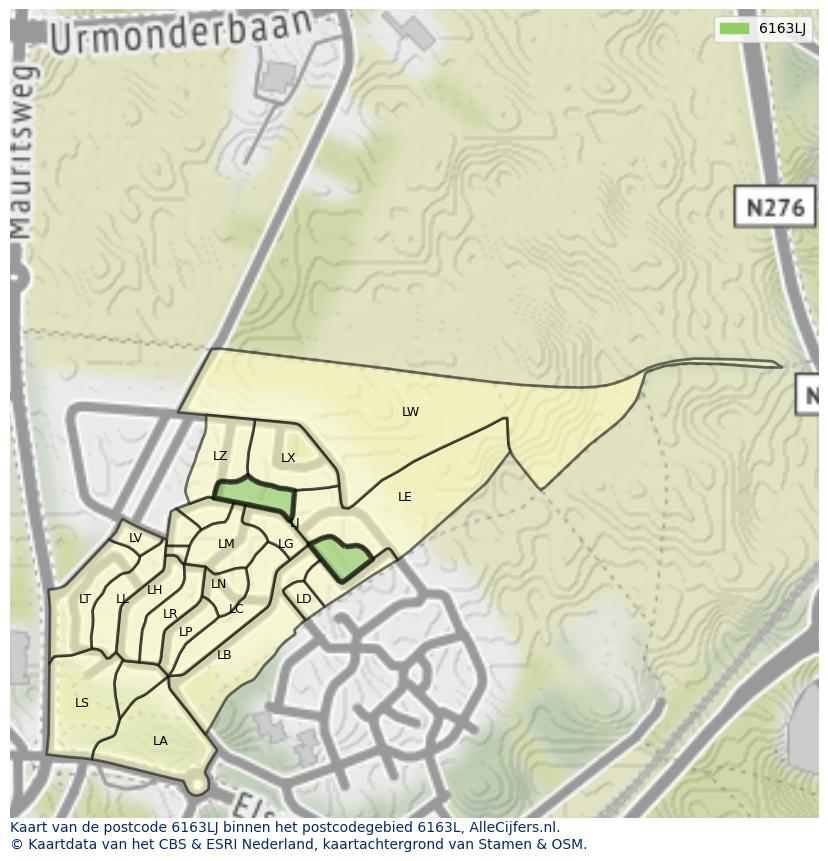 Afbeelding van het postcodegebied 6163 LJ op de kaart.