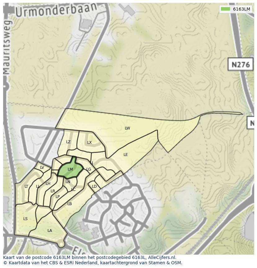 Afbeelding van het postcodegebied 6163 LM op de kaart.