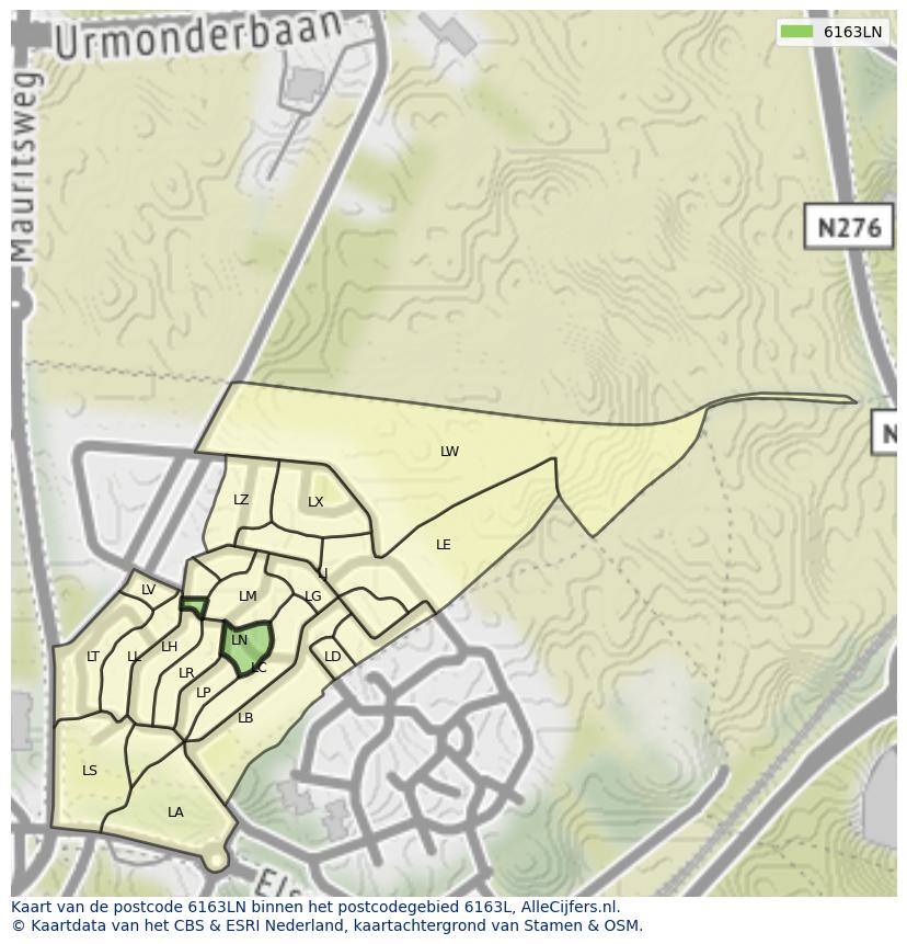 Afbeelding van het postcodegebied 6163 LN op de kaart.