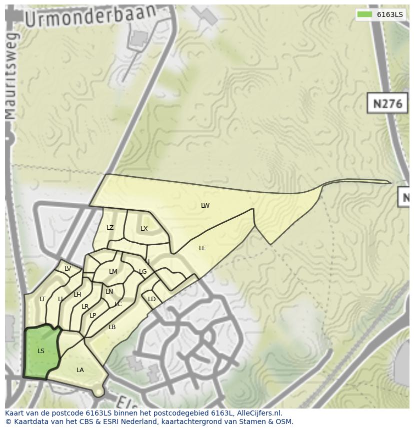 Afbeelding van het postcodegebied 6163 LS op de kaart.