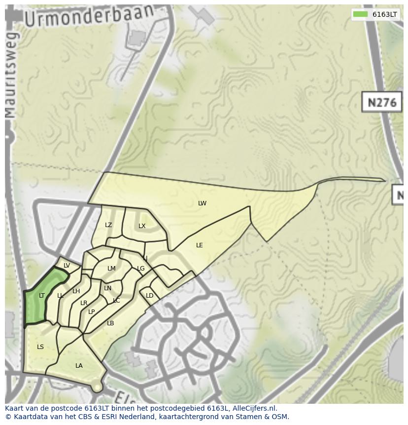 Afbeelding van het postcodegebied 6163 LT op de kaart.