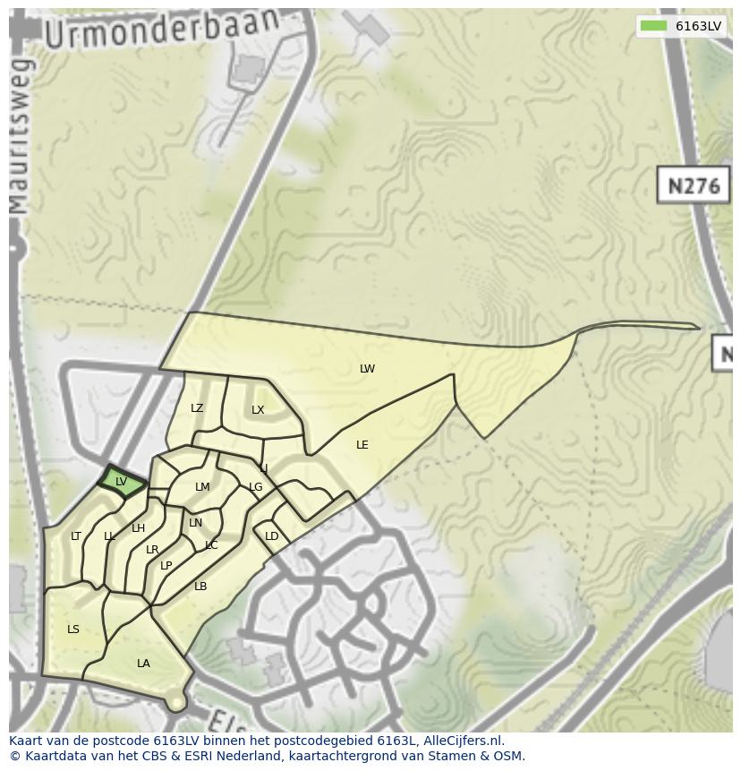 Afbeelding van het postcodegebied 6163 LV op de kaart.