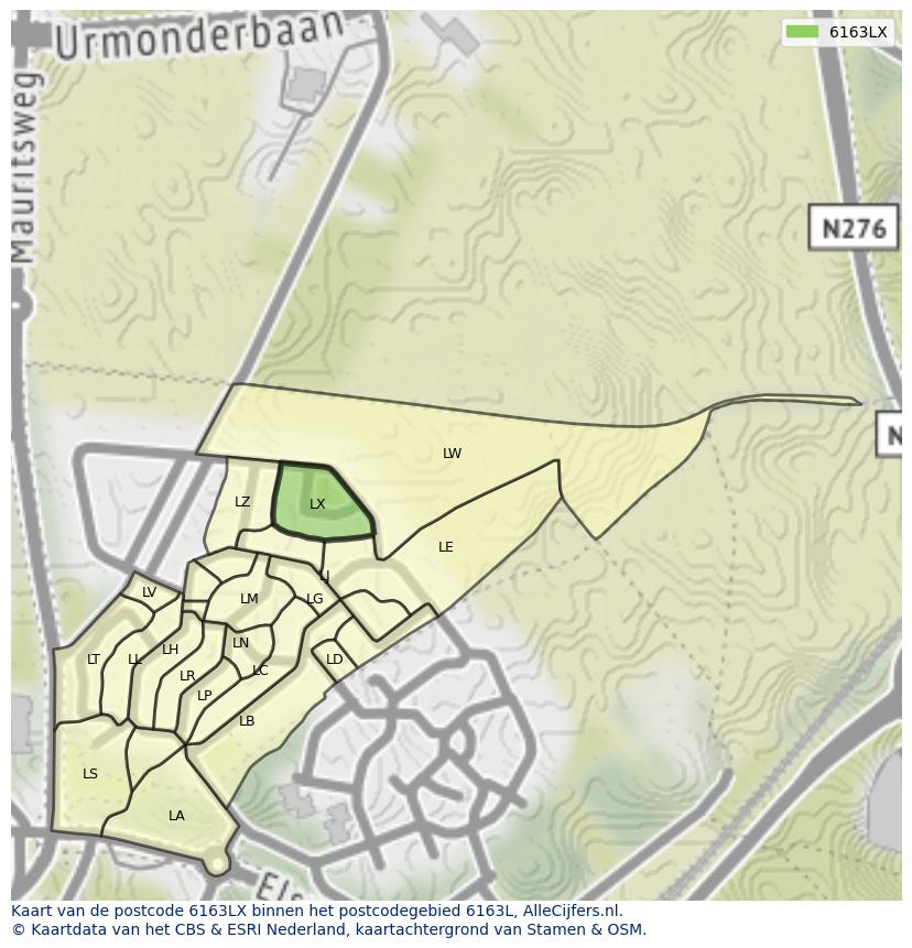 Afbeelding van het postcodegebied 6163 LX op de kaart.