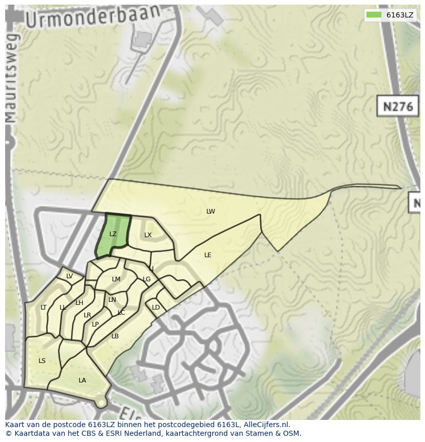 Afbeelding van het postcodegebied 6163 LZ op de kaart.
