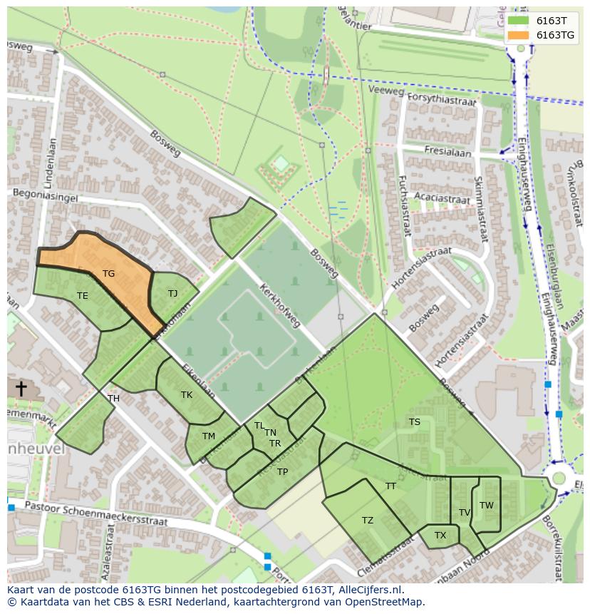 Afbeelding van het postcodegebied 6163 TG op de kaart.