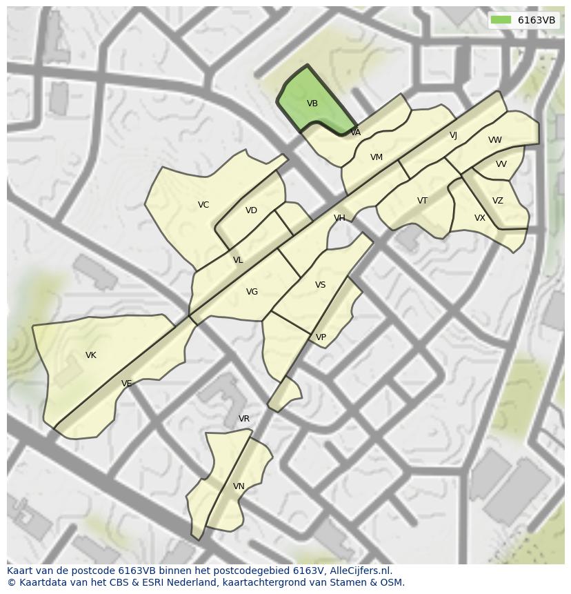 Afbeelding van het postcodegebied 6163 VB op de kaart.