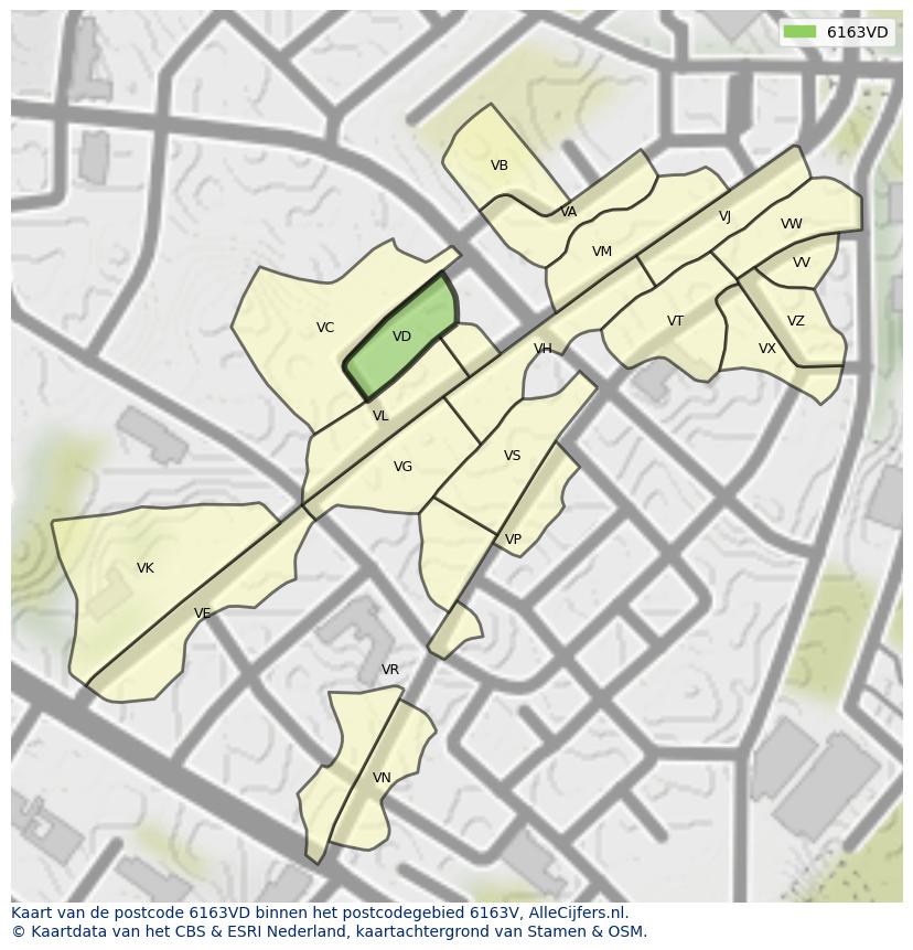 Afbeelding van het postcodegebied 6163 VD op de kaart.