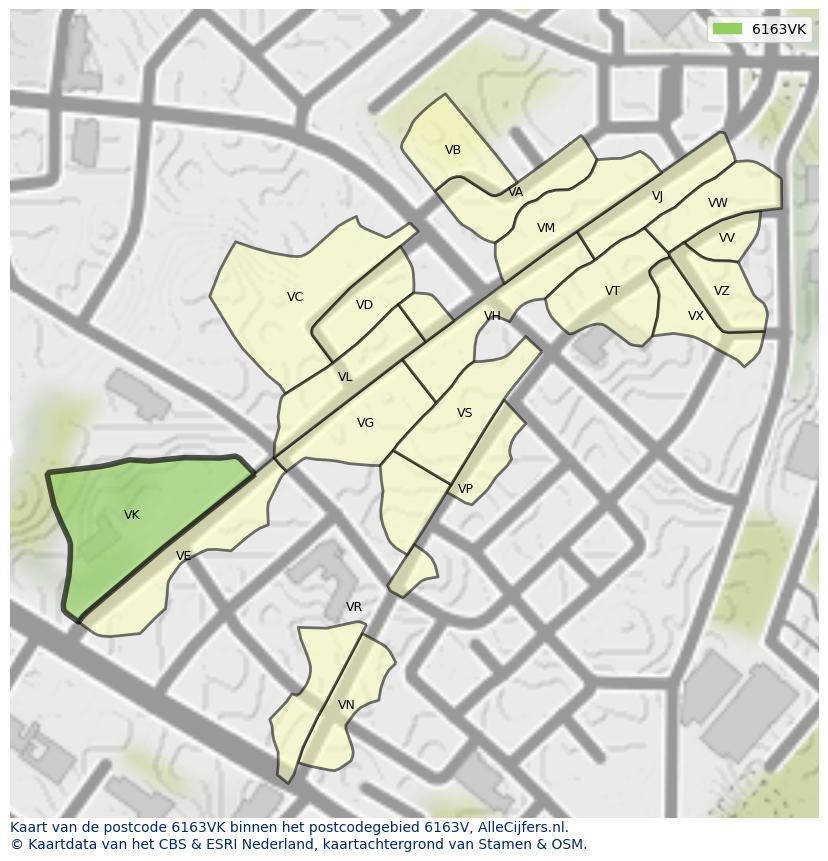 Afbeelding van het postcodegebied 6163 VK op de kaart.