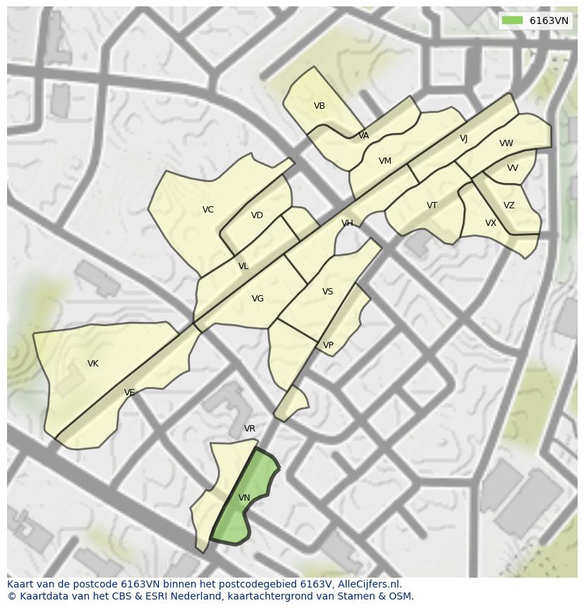 Afbeelding van het postcodegebied 6163 VN op de kaart.