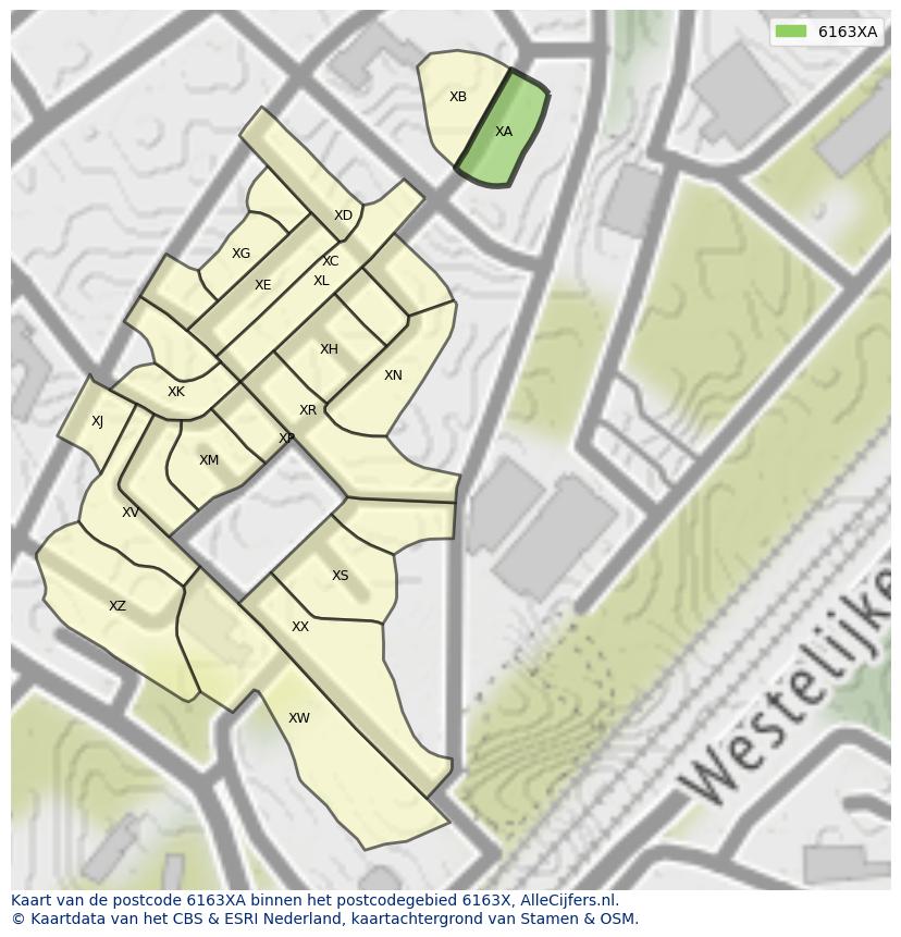 Afbeelding van het postcodegebied 6163 XA op de kaart.