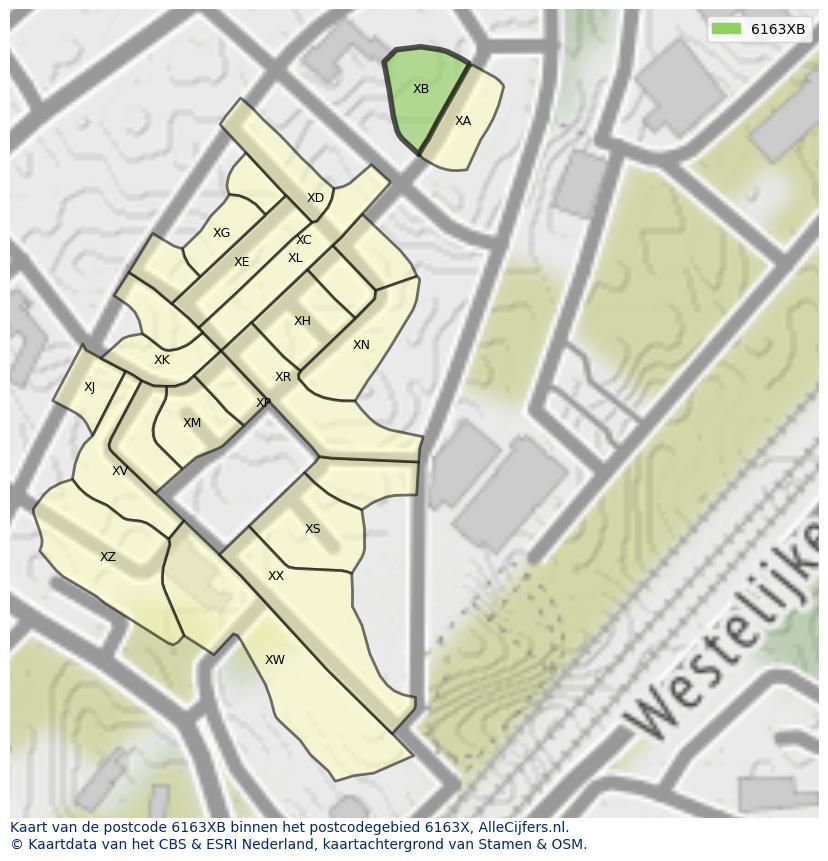 Afbeelding van het postcodegebied 6163 XB op de kaart.