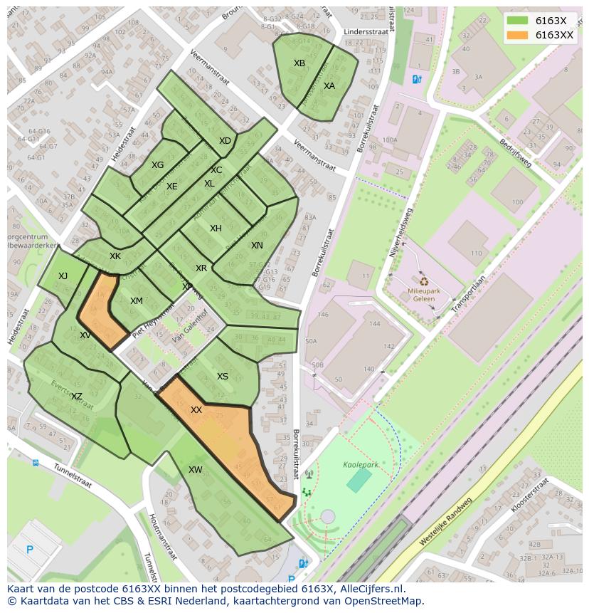 Afbeelding van het postcodegebied 6163 XX op de kaart.