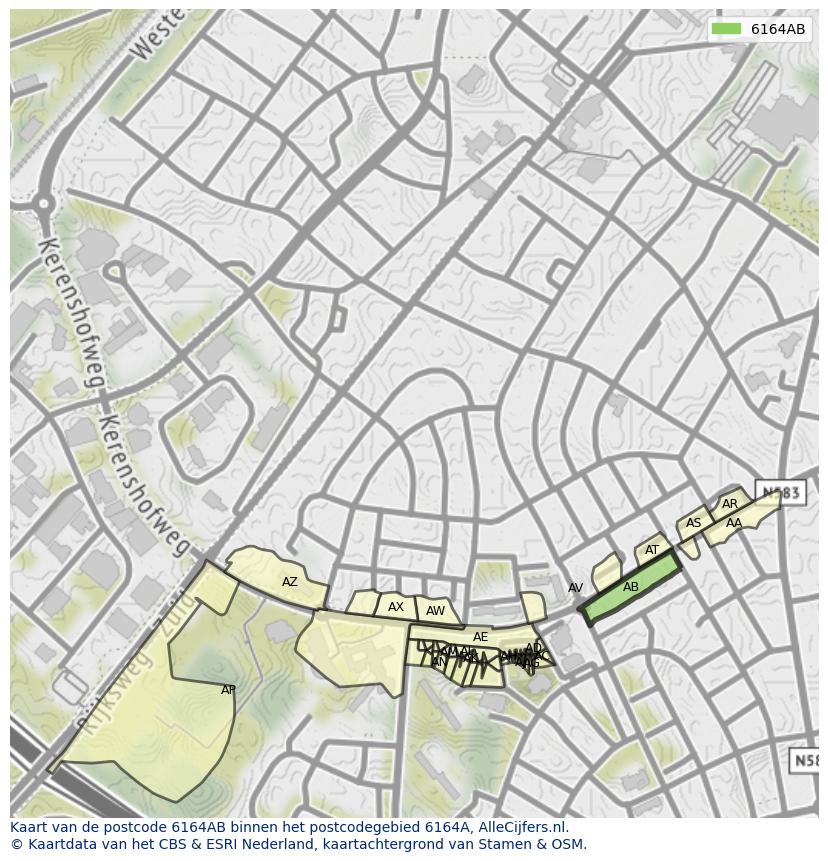 Afbeelding van het postcodegebied 6164 AB op de kaart.