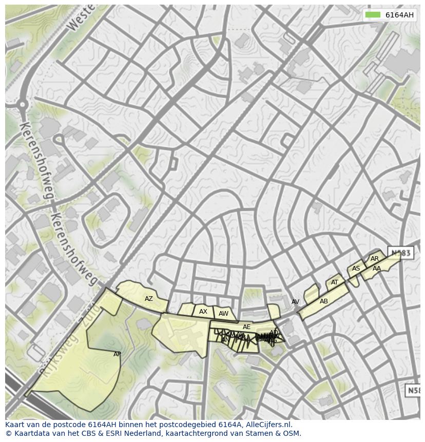 Afbeelding van het postcodegebied 6164 AH op de kaart.