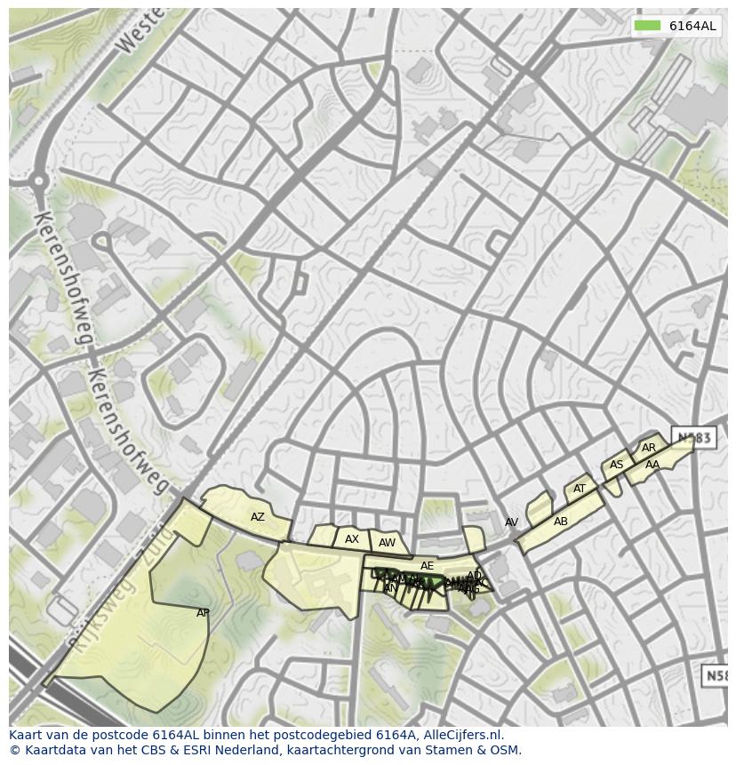 Afbeelding van het postcodegebied 6164 AL op de kaart.