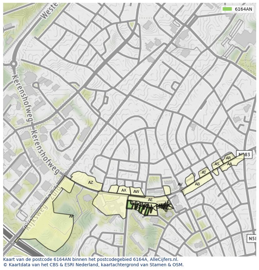 Afbeelding van het postcodegebied 6164 AN op de kaart.